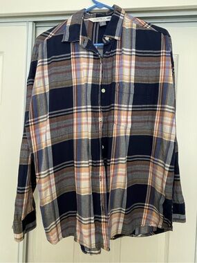 Old Navy Le Chemesier Boyfriend Women’s Navy, Gray & Cream Plaid Button-Down Top